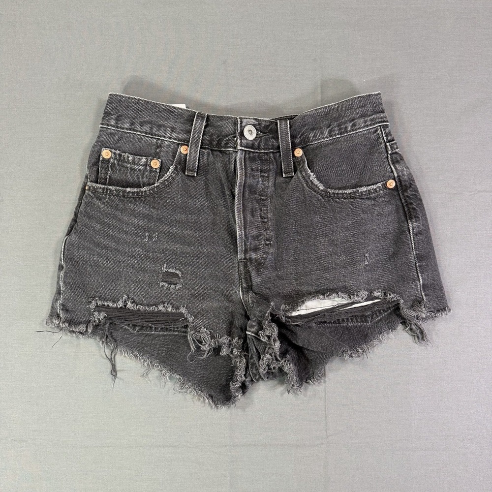 Levis Jean Shorts Womens Sz 25 501 Denim Black Cutoff Button Fly Distressed 2"